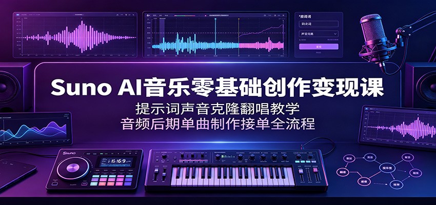 Suno AI音乐零基础创作变现课：提示词声音克隆翻唱教学，音频后期单曲制作接单全流程-网赚项目平台
