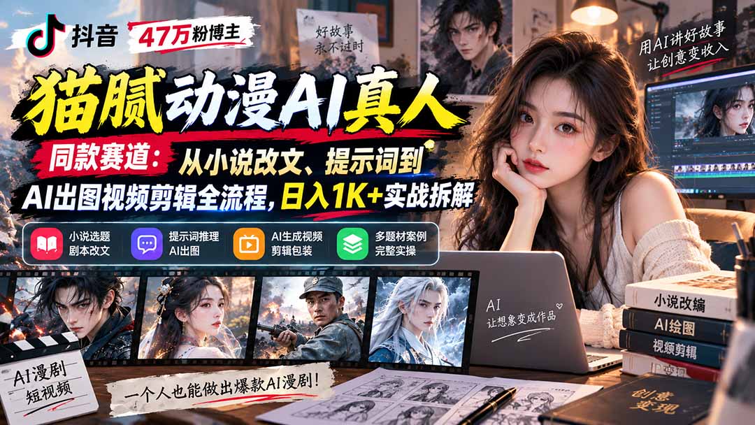 抖音47万粉博主猫腻动漫AI真人同款赛道:从小说改文、提示词到AI出图视频剪辑全流程,日入1K+实战拆解-网赚项目平台