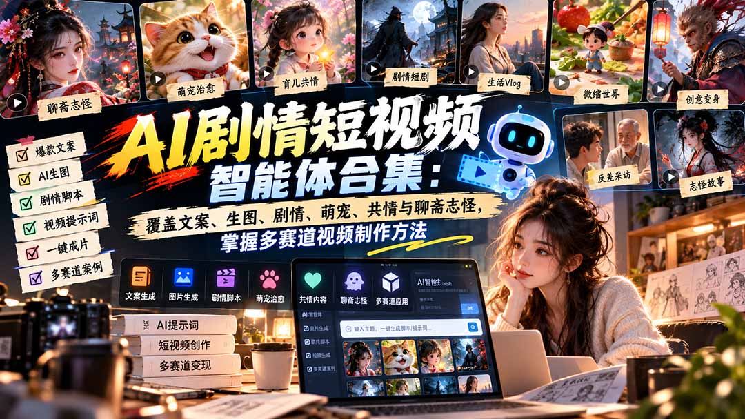 【无水印】AI剧情短视频智能体合集：覆盖文案、生图、剧情、萌宠、共情与聊斋志怪，掌握多赛道视频制作方法-网赚项目平台