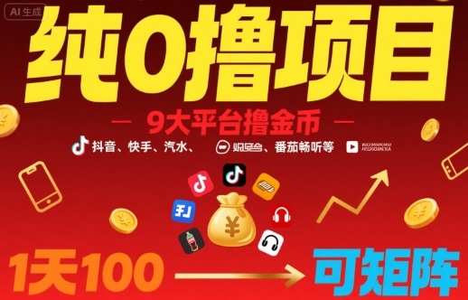 纯0撸项目，9大平台撸金币，抖音，快手，汽水，番茄畅听等，1天100，可矩阵-网赚项目平台