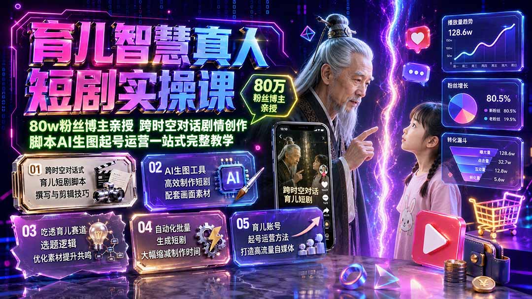 育儿智慧真人短剧实操课｜80w粉丝博主亲授，跨时空对话剧情创作，脚本AI生图起号运营一站式完整教学-网赚项目平台