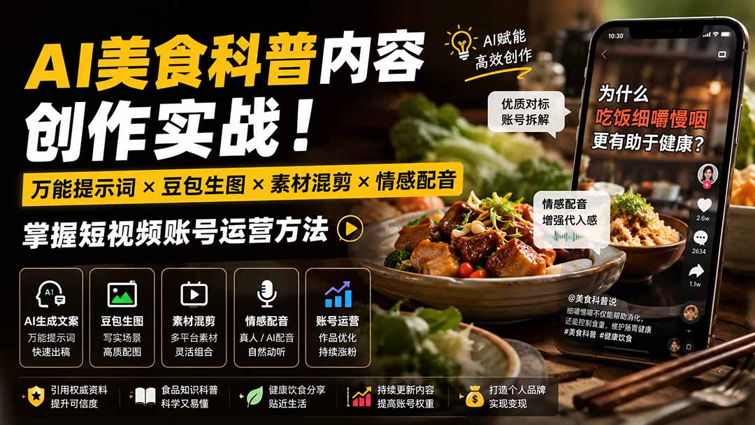 外面卖199元-AI美食科普内容创作实战！万能提示词×豆包生图×素材混剪×情感配音，掌握短视频账号运营方法-网赚项目平台