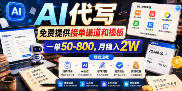 AI代写，免费提供接单渠道和模板，一单50-800，月稳入2W【揭秘】-网赚项目平台