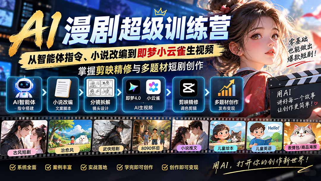 AI漫剧超级特训营：从智能体指令、小说改编到即梦小云雀生视频，掌握剪映精修与多题材短剧创作-网赚项目平台
