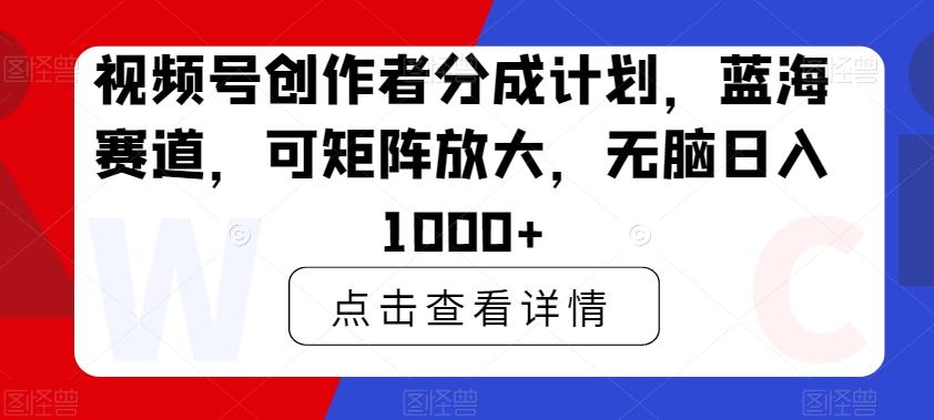 视频号创作者分成计划，蓝海赛道，可矩阵放大，无脑日入1000+-网赚项目平台