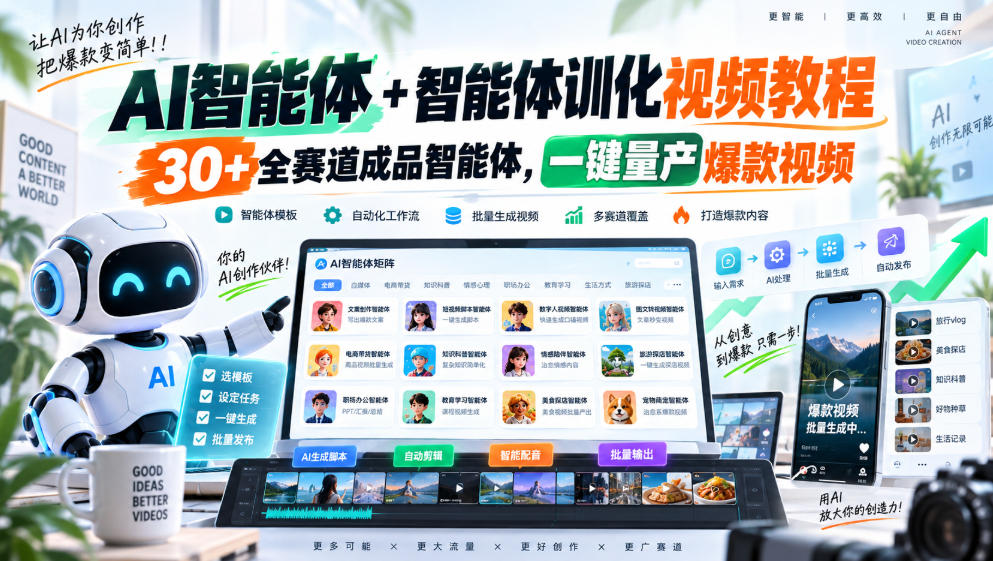 【无水印】AI智能体+智能体训化视频教程,30+全赛道成品智能体,一键量产爆款视频【更新】-网赚项目平台