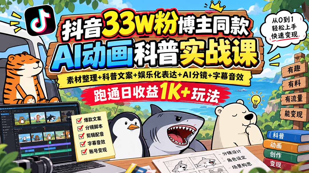 抖音33W粉博主同款AI动画科普实战课｜素材整理+科普文案+娱乐化表达+AI分镜+字幕音效，跑通日收益1K+玩法-网赚项目平台
