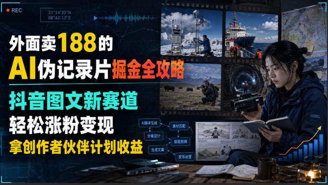 外面卖188的AI伪记录片掘金全攻略，抖音图文新赛道，轻松涨粉变现，拿创作者伙伴计划收益【文档】-网赚项目平台