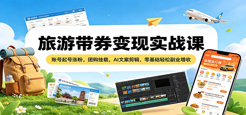 旅游带券变现实战课：账号起号涨粉，团购挂载，AI文案剪辑，零基础轻松副业增收-网赚项目平台
