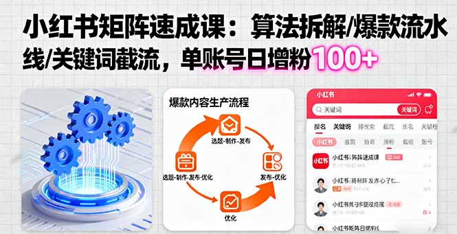 小红书矩阵起号速成课:算法拆解/爆款流水线/关键词截流 单账号日增粉100+-网赚项目平台