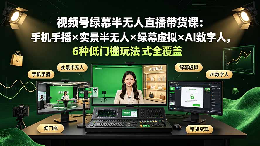 视频号绿幕半无人直播带货课：手机手播×实景半无人×绿幕虚拟×AI数字人，6种低门槛玩法全覆盖-网赚项目平台