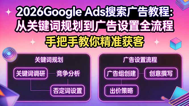 2026Google Ads搜索广告教程：从关键词规划到广告设置全流程，手把手教你精准获客-网赚项目平台