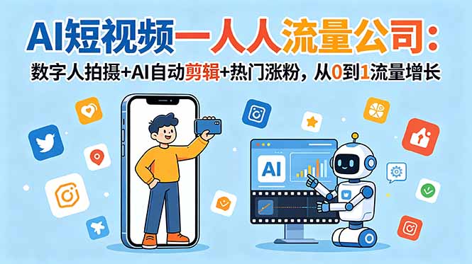 AI短视频一人流量公司：数字人拍摄+AI自动剪辑+热门涨粉，从0到1流量增长-网赚项目平台