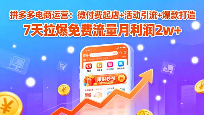 拼多多电商运营:微付费起店+活动引流+爆款打造 7天拉爆免费流量月利润2w+-网赚项目平台