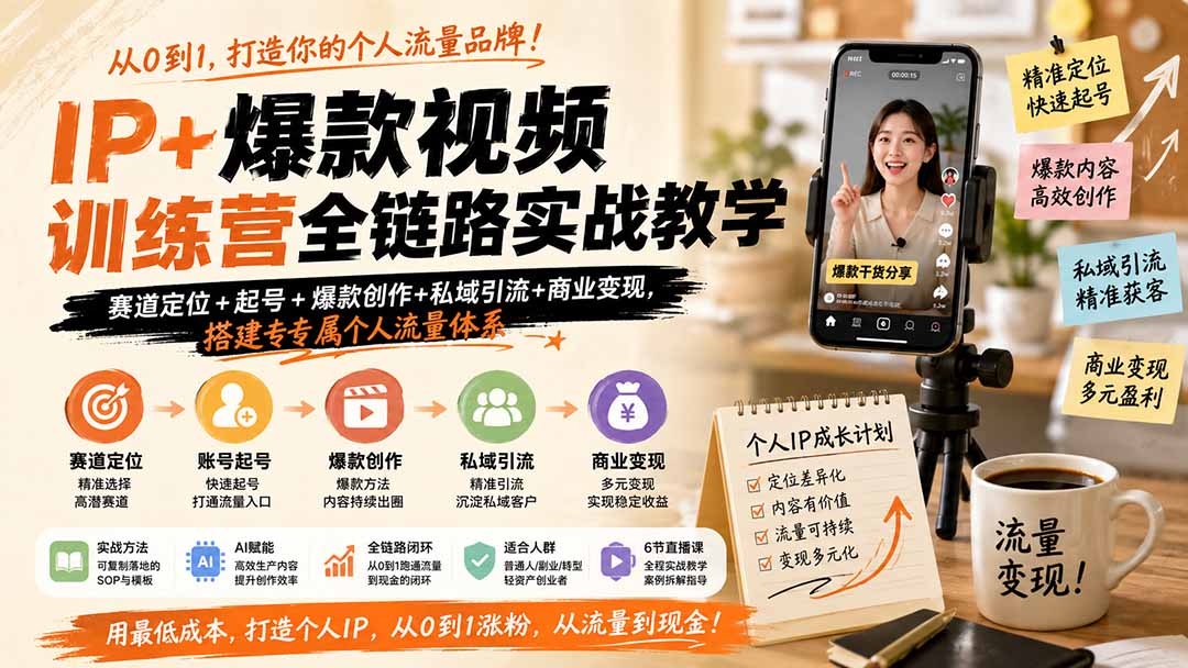 IP+爆款视频训练营全链路实战教学；赛道定位+起号+爆款创作+私域引流+商业变现，搭建专属个人流量体系-网赚项目平台