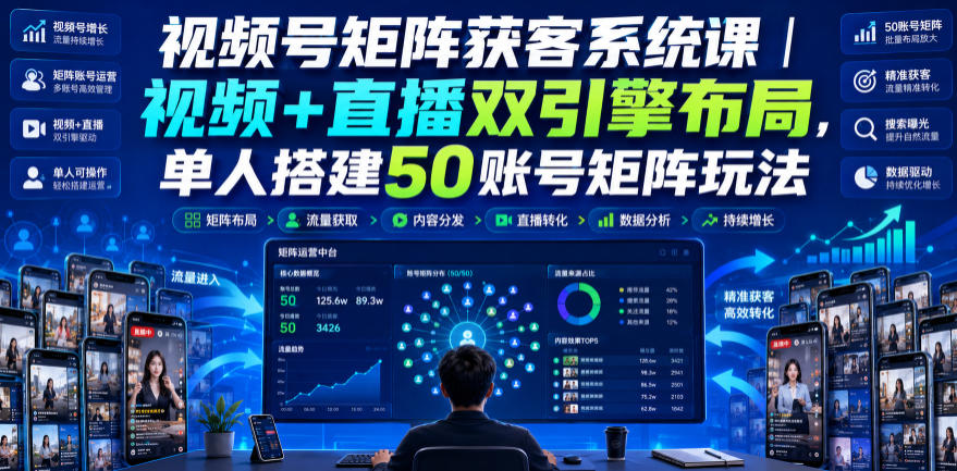 视频号矩阵获客系统课｜视频+直播双引擎布局，单人搭建50账号矩阵玩法，流量入池、搜索占位、全域引流沉淀私域全流程教学-网赚项目平台