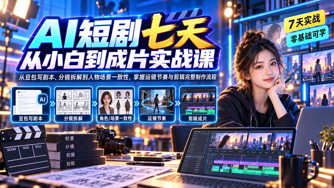 AI短剧七天从小白到成片实战课：从豆包写剧本、分镜拆解到人物场景一致性，掌握运镜节奏与剪辑完整制作流程-网赚项目平台