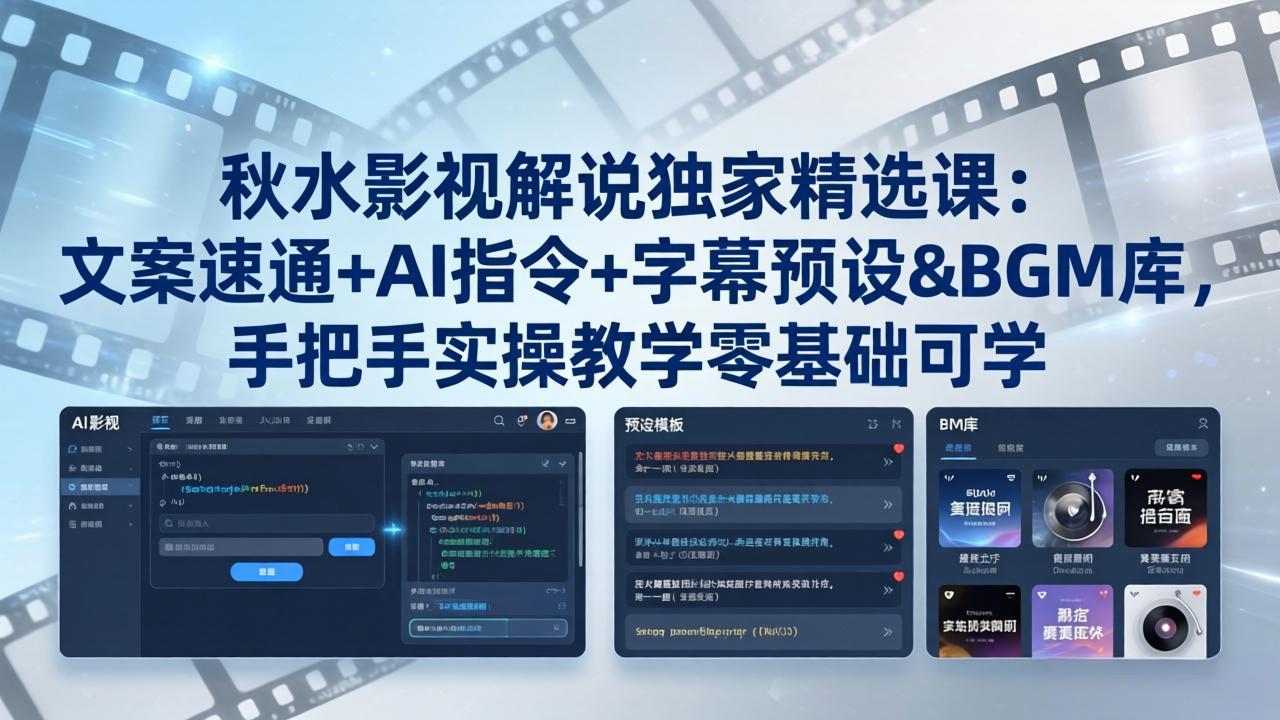 秋水影视解说独家精选课：文案速通+AI指令+字幕预设+BGM库，手把手实操教学零基础可学-网赚项目平台