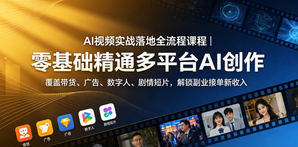 AI视频实战落地全流程课程|零基础精通多平台AI创作,覆盖带货、广告、数字人、剧情短片,解锁副业接单新收入-网赚项目平台