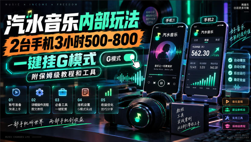 汽水音乐内部玩法,2台手机3小时500-800,一键挂G模式,附保姆级教程和工具【揭秘】-网赚项目平台