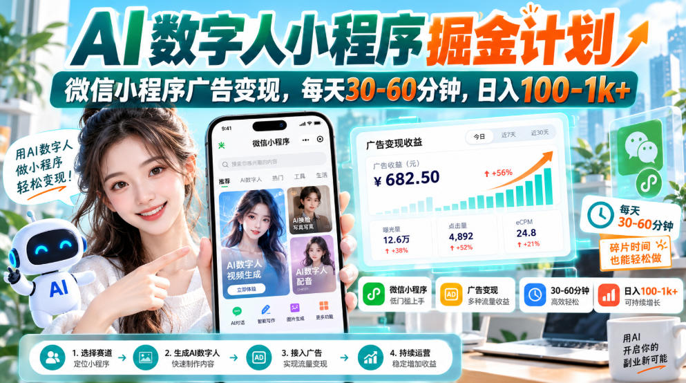 【无水印】AI数字人小程序掘金计划，微信小程序广告变现，每天30‑60分钟，日入100‑1k+-网赚项目平台