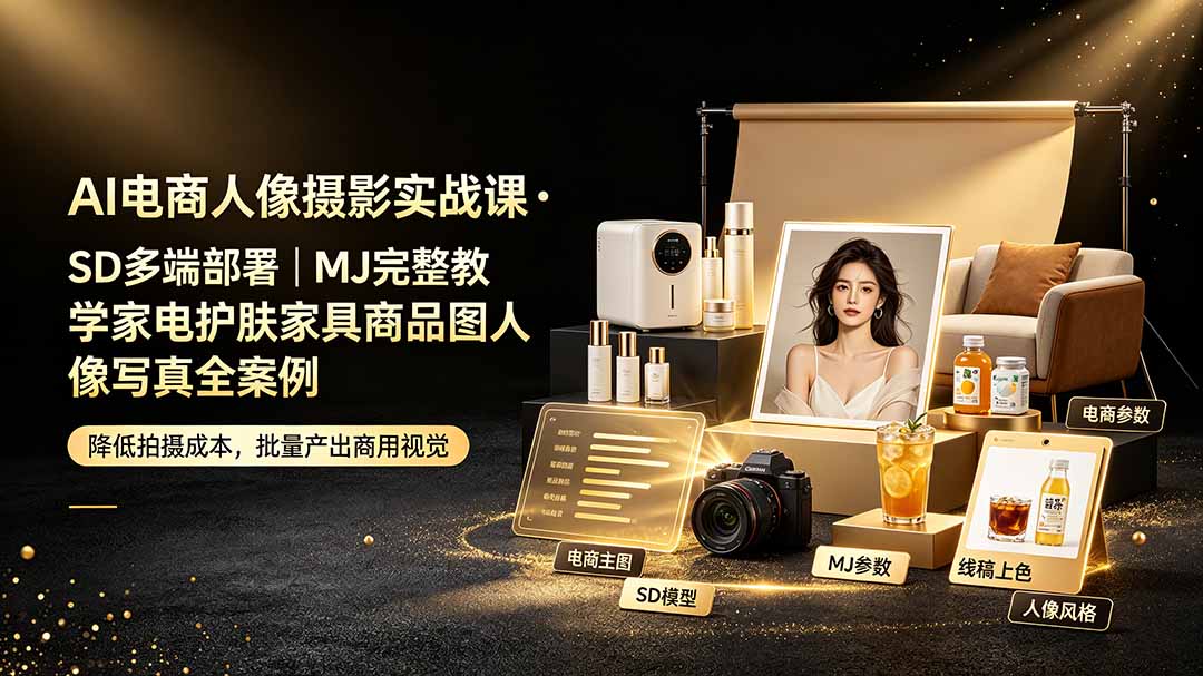 AI电商人像摄影实战课·SD多端部署|MJ完整教学|家电护肤家具商品图人像写真全案例-网赚项目平台