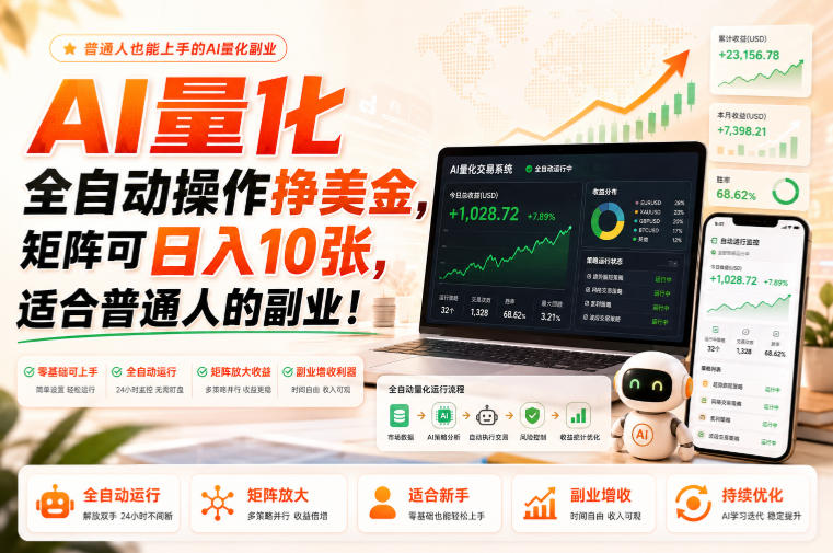 AI量化全自动操作挣美金，矩阵可日入10张，适合普通人的副业！【揭秘】-网赚项目平台