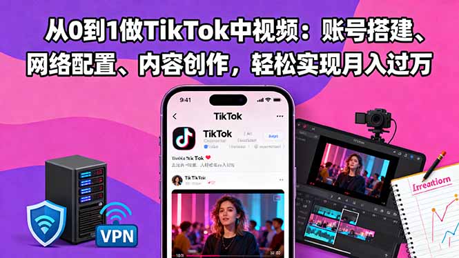 从0到1做TikTok中视频：账号搭建、网络配置、内容创作，轻松实现月入过万-网赚项目平台