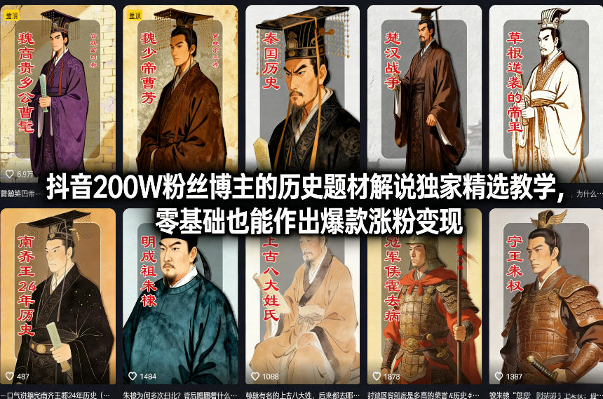 抖音200W粉丝博主的历史题材解说独家精选教学，零基础也能作出爆款涨粉变现-网赚项目平台