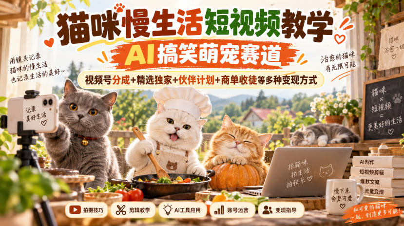 猫咪慢生活短视频教学，AI搞笑萌宠赛道，视频号分成+精选独家+伙伴计划+商单收徒等多种变现方式-网赚项目平台