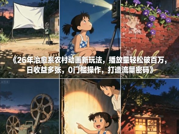 26年治愈系农村动画新玩法，播放量轻松破百万，日收益多张，0门槛操作，打造流量密码-网赚项目平台