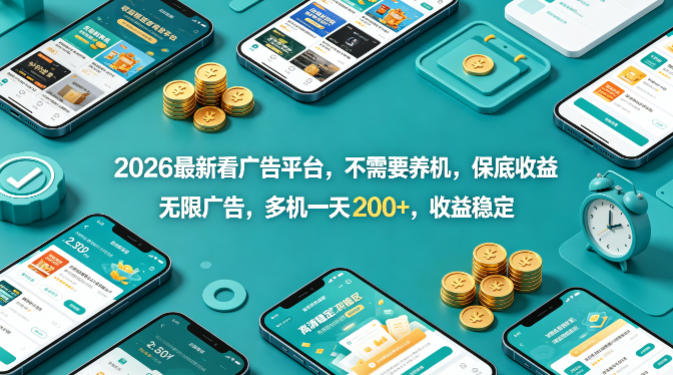2026最新看广告平台，不需要养机，保底收益，无限广告，多机一天200+，收益稳定【揭秘】-网赚项目平台