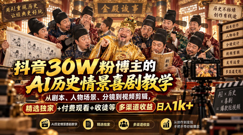 抖音30W粉博主的AI历史情景喜剧教学，从剧本、人物场景、分镜到视频剪辑，精选独家+付费观看+收徒等多渠道收益日入1k+-网赚项目平台