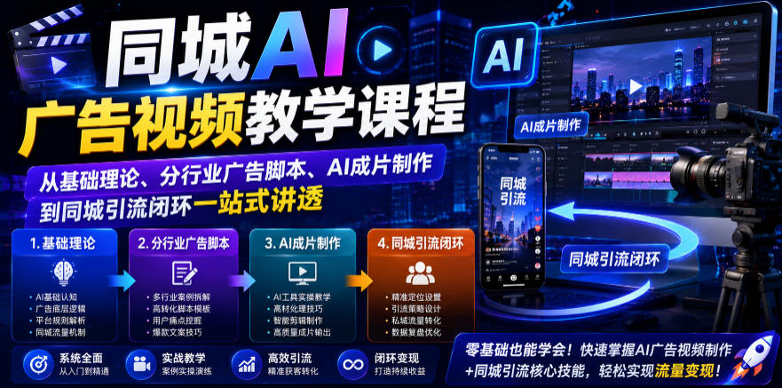 同城AI广告视频教学课程，从基础理论、分行业广告脚本、AI成片制作到同城引流闭环一站式讲透-网赚项目平台