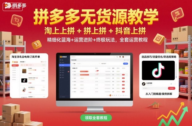 拼多多无货源教学,淘上拼+拼上拼+抖上拼,精细化蓝海+运营进阶+终极玩法,全套运营教程-网赚项目平台