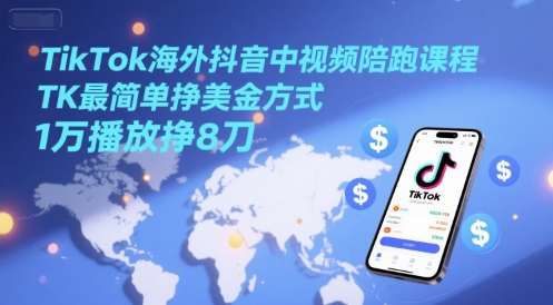 TikTok海外抖音中视频陪跑课程，TK最简单挣美金方式，1万播放挣8刀-网赚项目平台