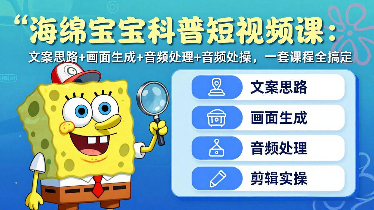 海绵宝宝科普短视频课：文案思路+画面生成+音频处理+剪辑实操，一套课程全搞定-网赚项目平台