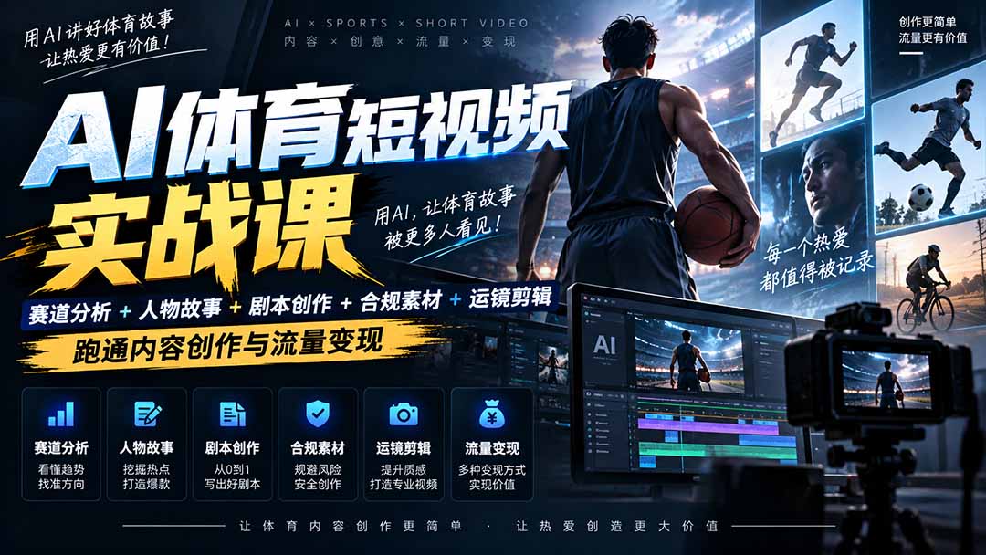 AI体育短视频赛道顶级玩法｜赛道分析+人物故事+剧本创作+版权处理+运镜剪辑，跑通流量变现-日赚1K+-网赚项目平台