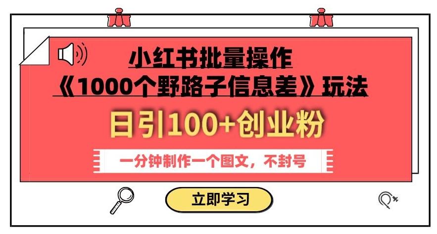 小红书批量操作《1000个野路子信息差》玩法，一分钟制作一个图文，不封号，日引100+创业粉-网赚项目平台