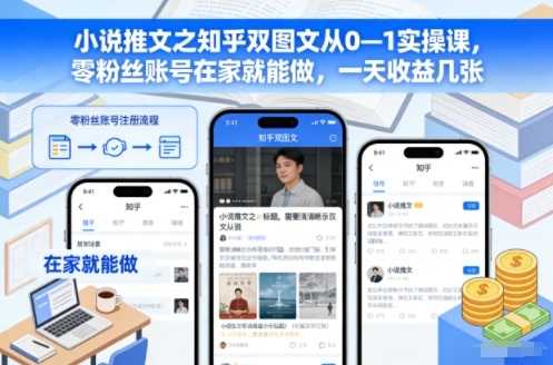 小说推文之知乎双图文从0—1实操课,零粉丝账号在家就能做,一天收益几张-网赚项目平台