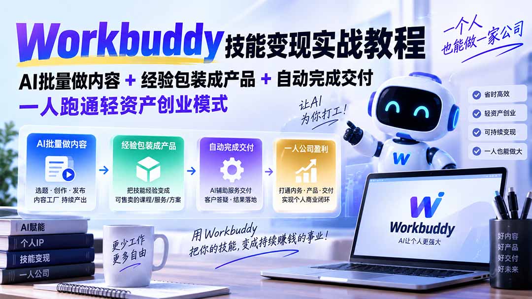 Workbuddy技能变现实战教程：AI批量做内容+经验包装成产品+自动完成交付，一人跑通轻资产创业模式-网赚项目平台