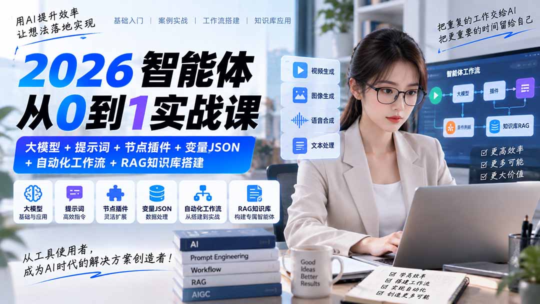 2026智能体从0到1实战课|大模型+提示词+节点插件+变量JSON+自动化工作流+RAG知识库搭建-网赚项目平台