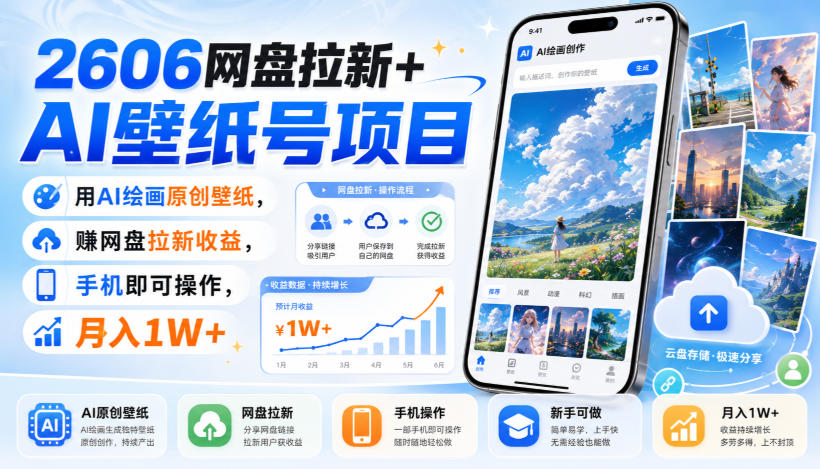 2606网盘拉新+AI壁纸号项目，用AI绘画原创壁纸，賺网盘拉新收益，手机即可操作，月入1W+-网赚项目平台