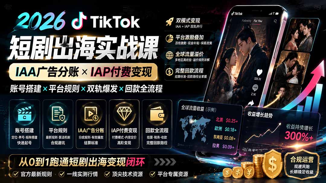 2026TikTok短剧出海实战课：IAA广告分账×IAP付费变现×账号搭建×平台规则×双轨爆发×回款全流程-网赚项目平台