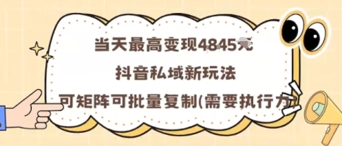 当天最高变现1k+，抖音私域新玩法，可矩阵可批量复制-网赚项目平台