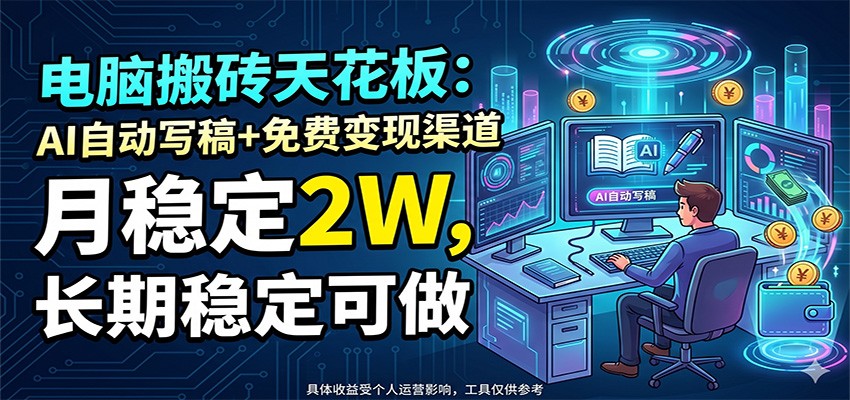 电脑搬砖天花板:AI自动写稿+免费变现渠道,月稳定2W,长期稳定可做-网赚项目平台