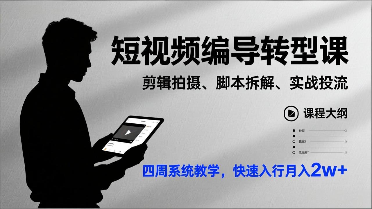 短视频编导转型课,剪辑拍摄、脚本拆解、实战投流,四周系统教学,快速入行月入2w+-网赚项目平台