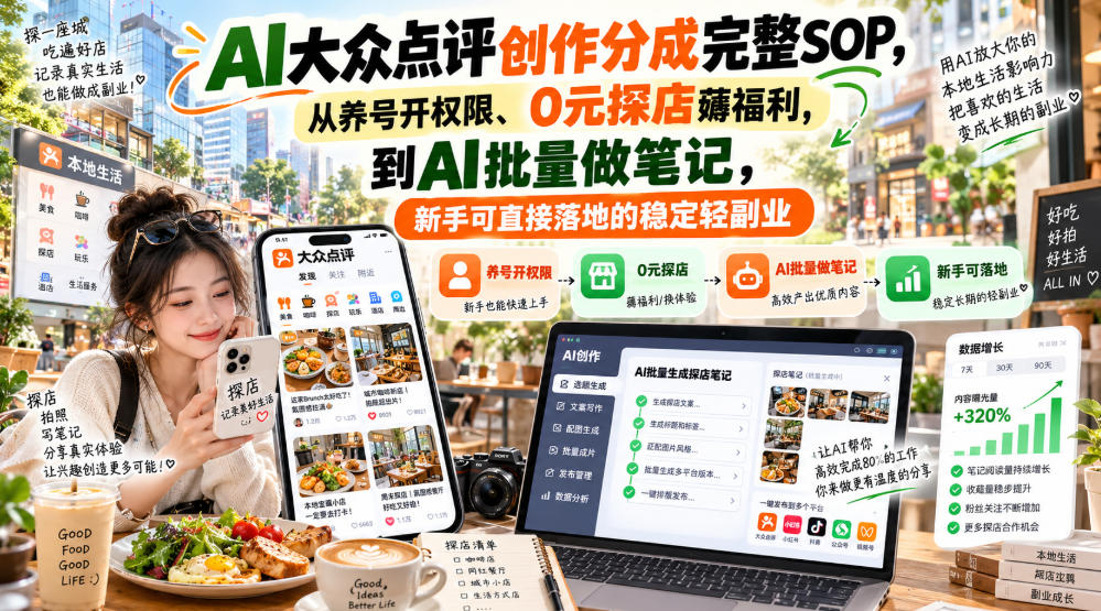 【无水印】AI大众点评创作分成完整SOP,从养号开权限、0元探店薅福利,到AI批量做笔记,新手可直接落地的稳定轻副业-网赚项目平台