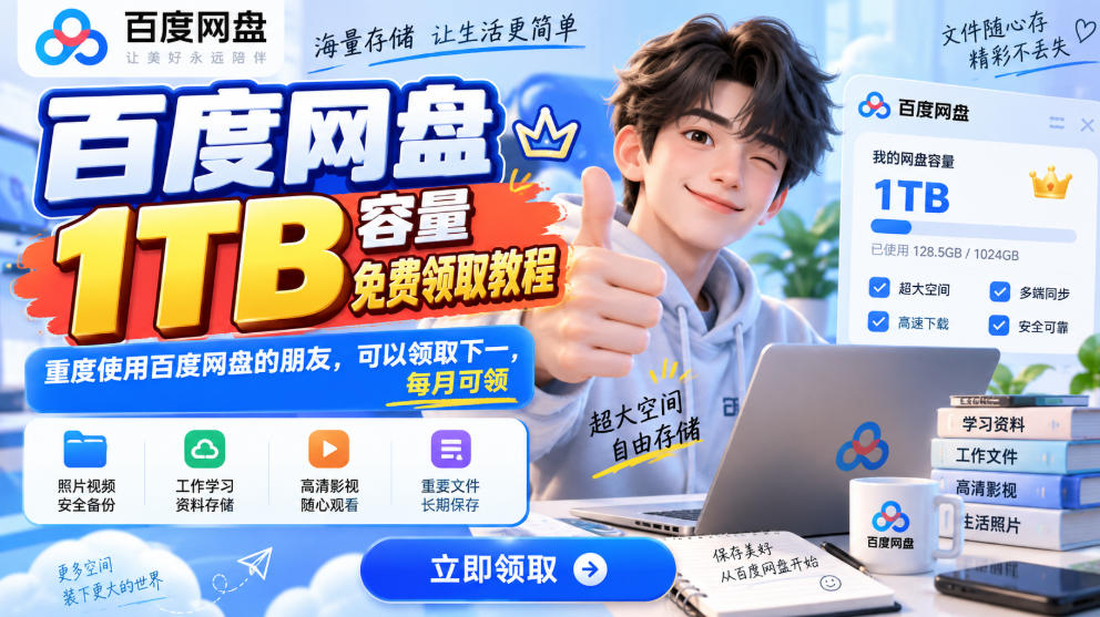百度网盘1TB容量免费领取教程,重度使用百度网盘的朋友,可以领取下一,每月可领-网赚项目平台