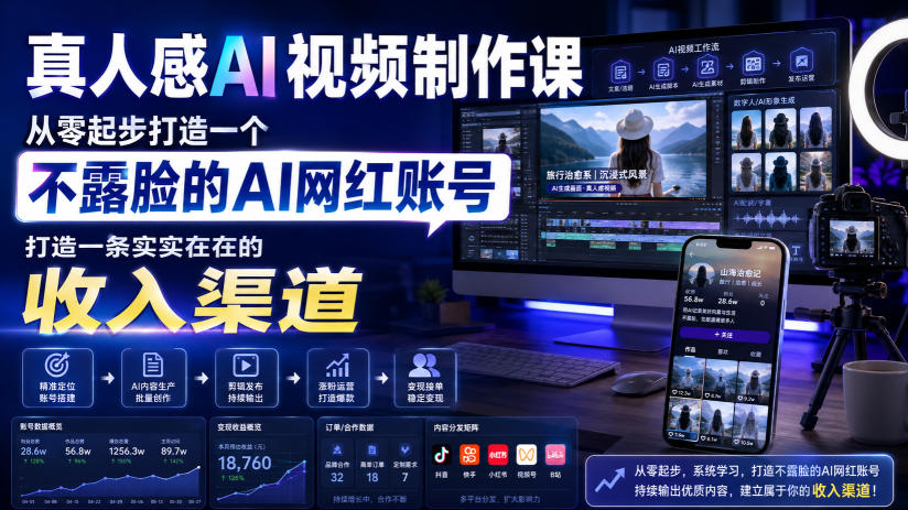 真人感AI视频制作课，从零起步打造一个不露脸的AI网红账号，打造一条实实在在的收入渠道【原创双语字幕】-网赚项目平台